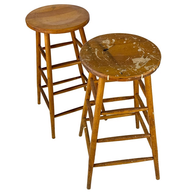 Vintage 1940s Pair of (2) 29.25" Tall Wood Artist Studio Stools For Sale - Image 10 of 18