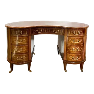 Fine English Maple & Co. Edwardian Inlaid Kingswood, Satinwood, Leather Kidney Desk