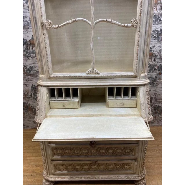 Vintage French Provincial Hand Carved White Secretary Desk and Display Cabinet For Sale - Image 4 of 9