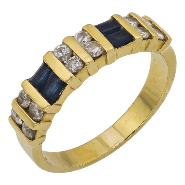 Vintage Sapphire Diamond 14k Yellow Gold Band, Size 9 For Sale