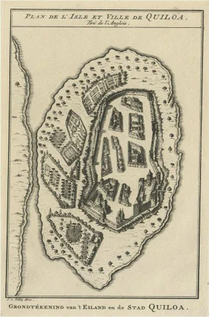 Antique Print of East African Island of Quiloa, Tanzania, 1749