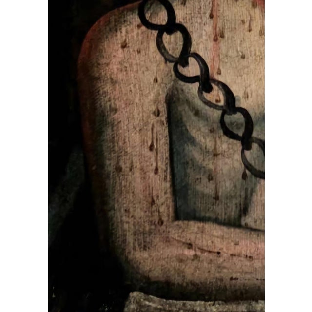 Intimate devotional painting depicting Christ as the Man of Sorrows (Ecce Homo variant) in half-length. The figure is...