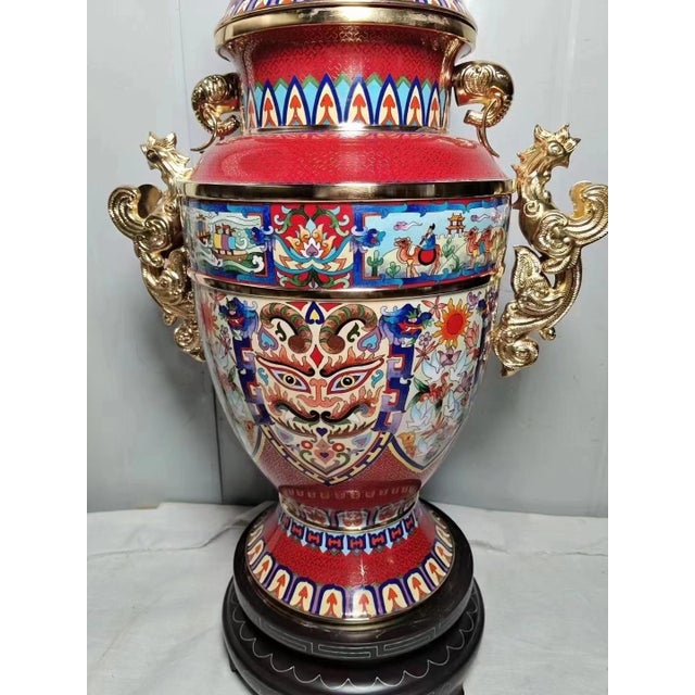 Red Monumental Chinese Cloisonné Peace Vase | Master-Designed Gilt Dragon Handles With Box For Sale - Image 8 of 12