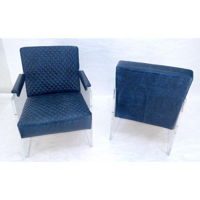 Mid-Century Modern Pair of blue Quilted Leather Upholstery Seats Lucite Base Arm Lounge Club Chairs For Sale - Image 3 of 14