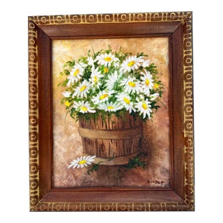 Mid Century Floral Daisy Painting in Wood Frame Signed For Sale