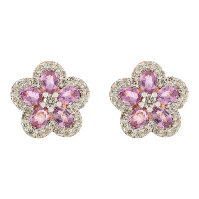 Cherry Blossom Pink Sapphire Diamond Flower Stud 18k Yellow Gold - 2 Pieces For Sale