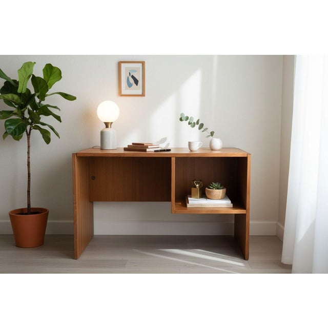 Wood 1970s -Century Danish Modern Teak Writing Desk With Open Shelf For Sale - Image 7 of 17