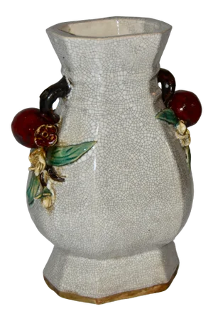 Majolica Chinese Crackle Ceramic Stoneware Vase With Pomegranates Handles