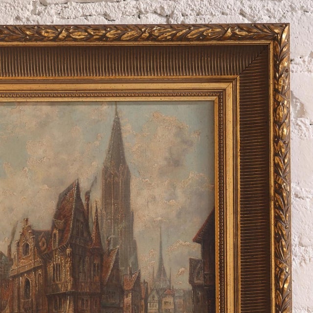 Traditional 1930s Flemish Church Oil Painting on Canvas in Giltwood Frame For Sale - Image 3 of 5
