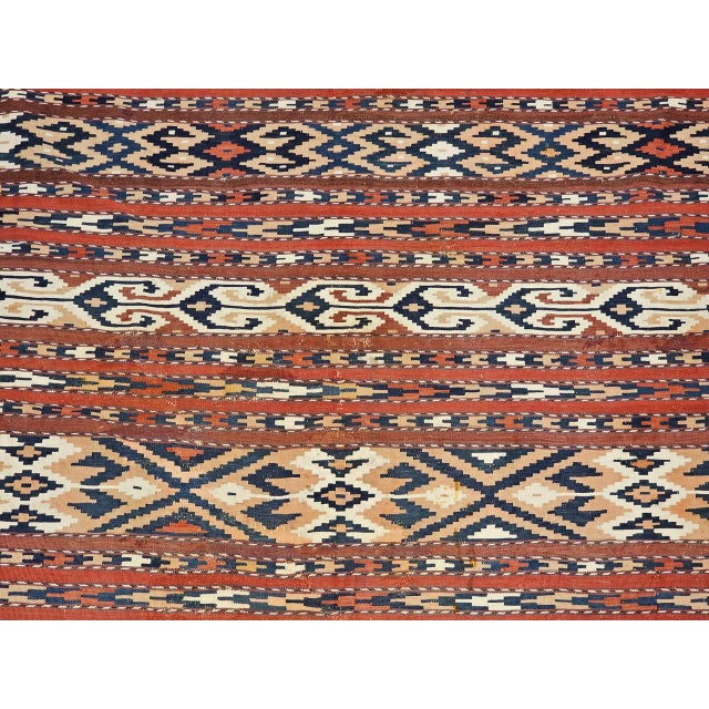 Textile Antique Turkmen Yomut Soumak Kilim, Handwoven Wool, Geometric Pattern, Rust & Blue, 5’ X 10’ For Sale - Image 7 of 13