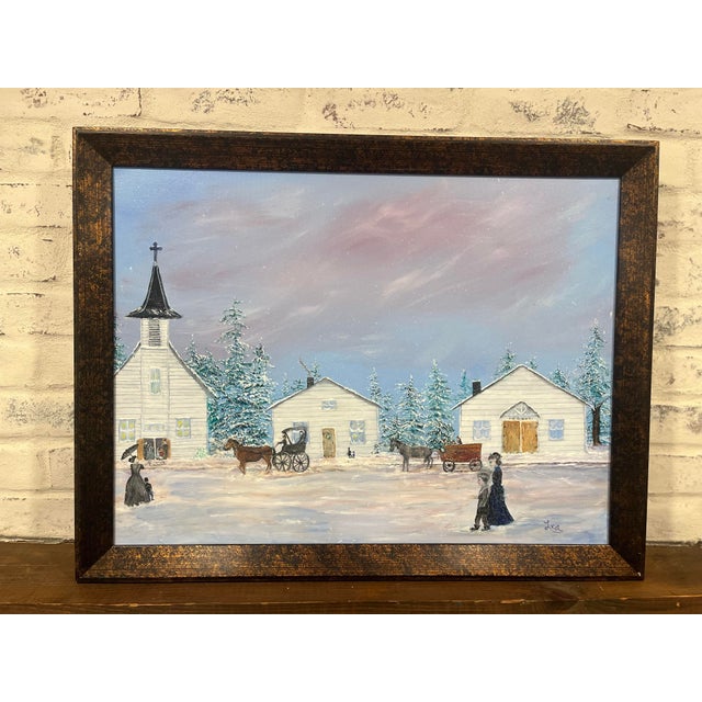 1980s 1980s Original Oil Painting Winter Village Church by Lea Topliff Framed For Sale - Image 5 of 12