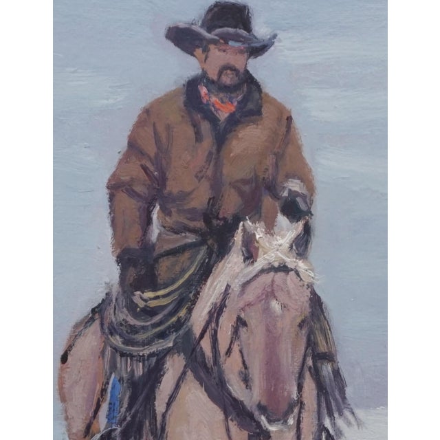 Impressionist Sean Wu Original Oil Painting, Cowboy Riding a Horse in the Snow For Sale - Image 3 of 5