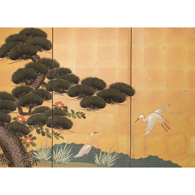 "Big Pine Tree and Egrets", Showa Era Japanese Byobu Screen For Sale - Image 13 of 18