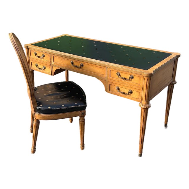 Thomasville Louis XVI Desk on Wheels and Cane Chair Fleur Di Lis on Both 1965 For Sale