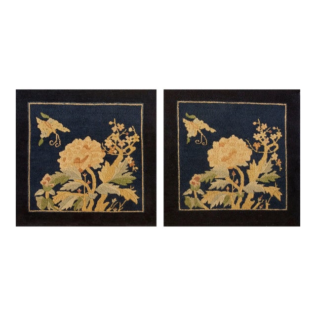 1920s Black Floral Modern Antique Chinese Peking Rug 2' 0'' X2' 0'' Hand Knotted Wool Carpet For Sale