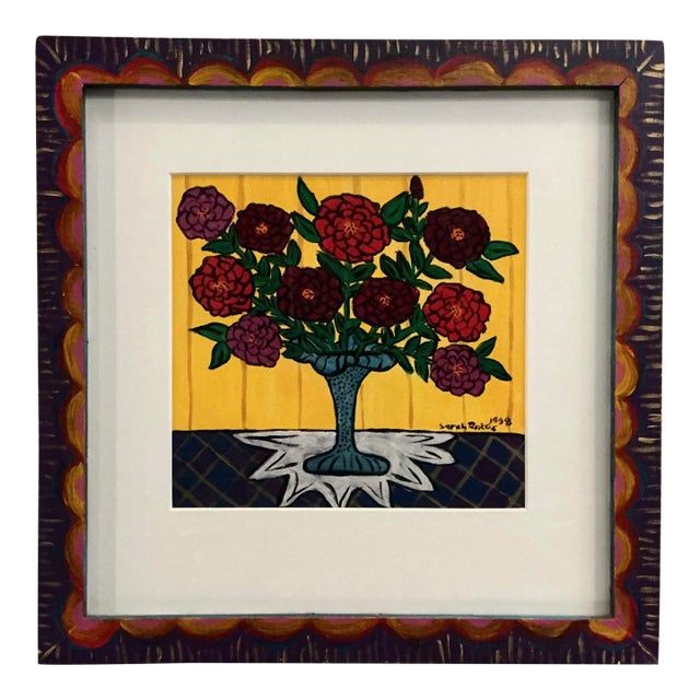 Sarah Rakes Folk Art "Summer Zinnias" For Sale