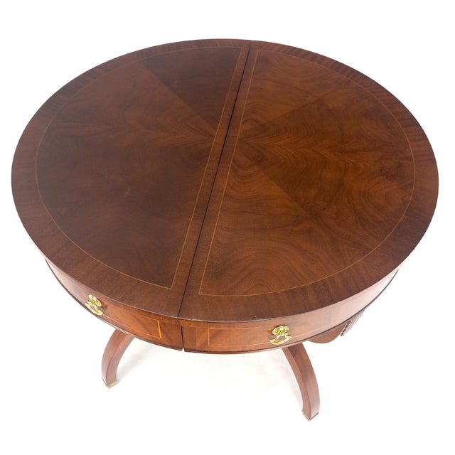 Round Mahogany Single Pedestal Drum to Duning Table w/ 2 Extension Boards Mint For Sale - Image 10 of 12