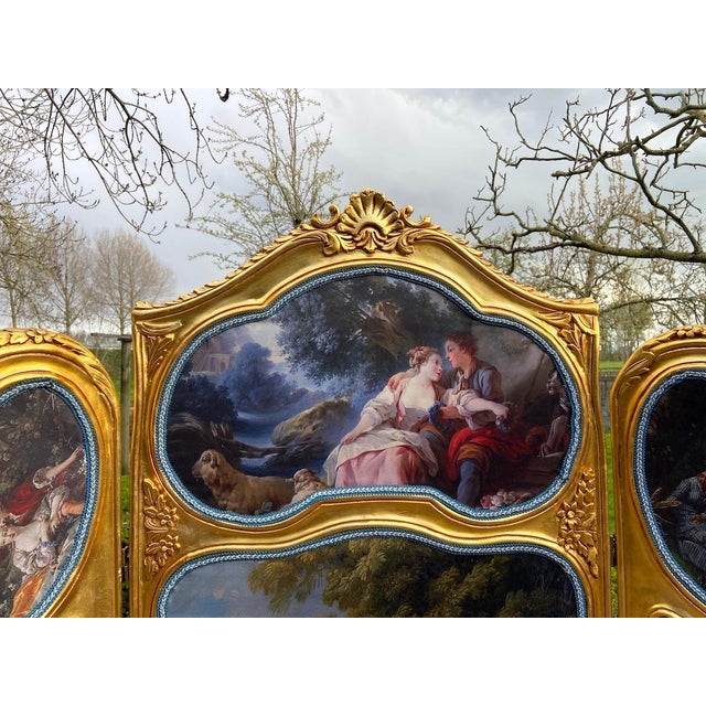 Late 20thC French Louis XVI Gilt Beech Scenic Room Divider Screen – 3 Panels For Sale - Image 12 of 18