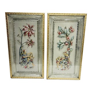 Vintage Figural Metal Framed Wall Plaques - A Pair For Sale