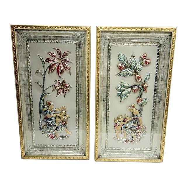 Vintage Figural Metal Framed Wall Plaques - A Pair For Sale