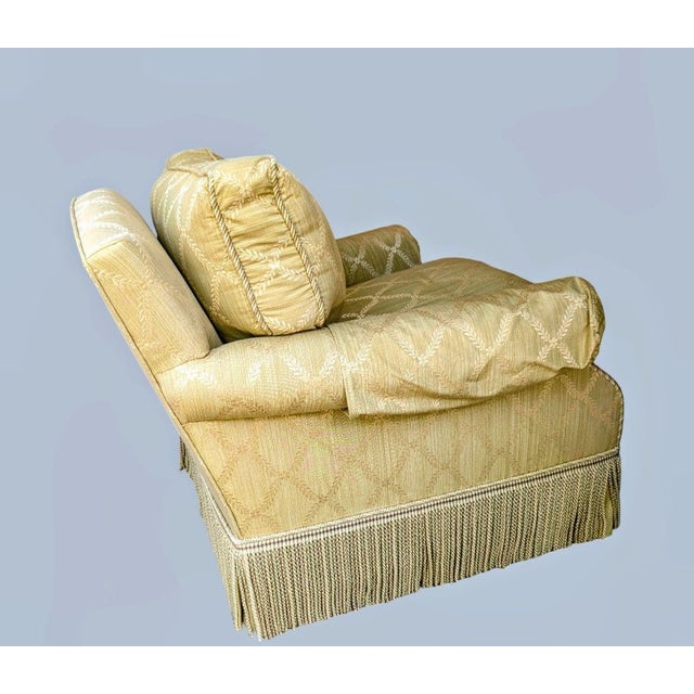 1980s 1980s Elegant Custom Made Gold Trellis Pattern Deep Seat Armchair With Bullion Fringe and Slip Covers For Sale - Image 5 of 10