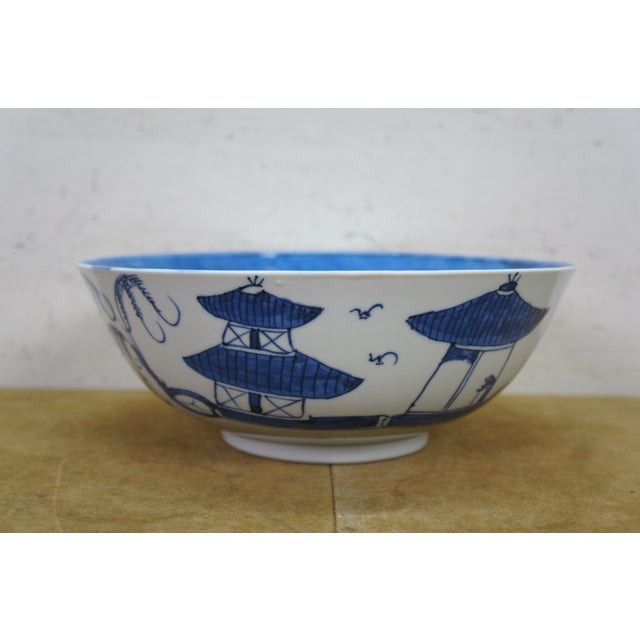46 Pc Vintage Chinese Export Canton Blue & White Porcelain Pagoda Dinnerware Set For Sale - Image 4 of 15