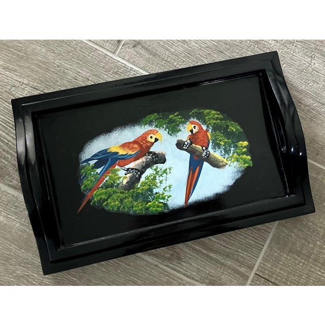 Late 20th-Century Wooden Black Lacquered Tiki-Style Hand Painted Parrot Motif Nested Trays - A Pair For Sale - Image 4 of 18