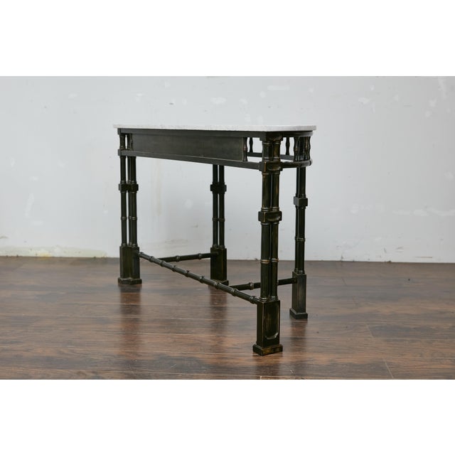 English Midcentury Demilune Table with Ebonized Bamboo Base, White Marble Top For Sale - Image 11 of 12