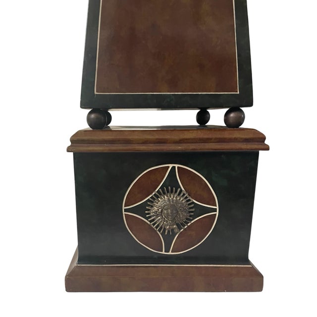 1980s VTG Maitland-Smith Leather Obelisk Brass Sun Medallions Neoclassical 27x7” For Sale - Image 5 of 11