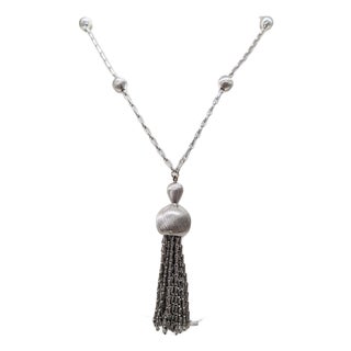 Vintage 1960s Signed Monet Rhodium Plated Tassel Pendant Necklace For Sale