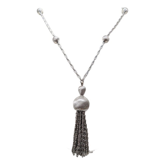 Vintage 1960s Signed Monet Rhodium Plated Tassel Pendant Necklace For Sale