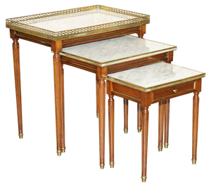 Vintage French Empire Nesting Tables in Italian Carrara Marble & Brass, Set of 3
