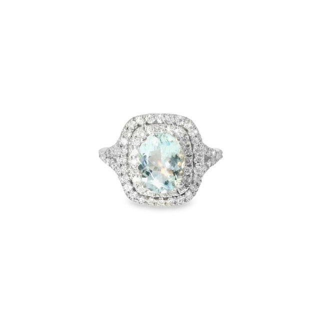 Mid-Century Modern Mid 20th Century 14k White Gold Diamond Aquamarine Band Ring Estate, Size 7 For Sale - Image 3 of 4
