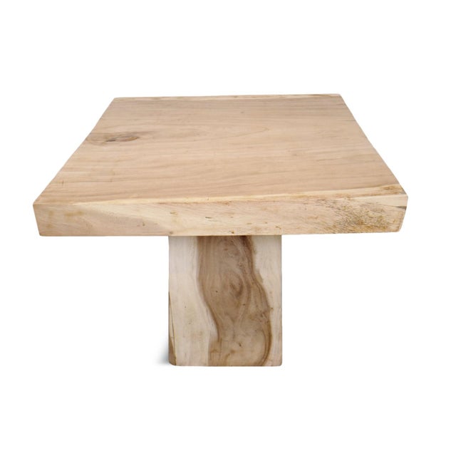 Raw sanded finish monkey pod square slab dining table. Solid 3.5" slab top with solid pedestal base. Beautiful natural...