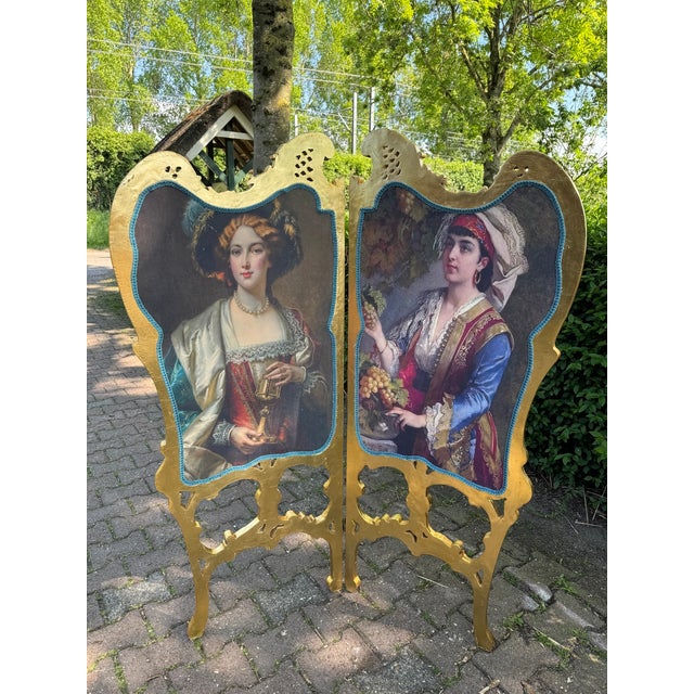 Gold 1960 French Louis XVI Gold Beech Portrait Screen Room Divider - 2 Panels For Sale - Image 8 of 10