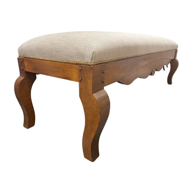 French Provincial Louis XV–Style Upholstered Wall Bench With Sculptural Cabriole Legs and Nailheads For Sale - Image 3 of 6