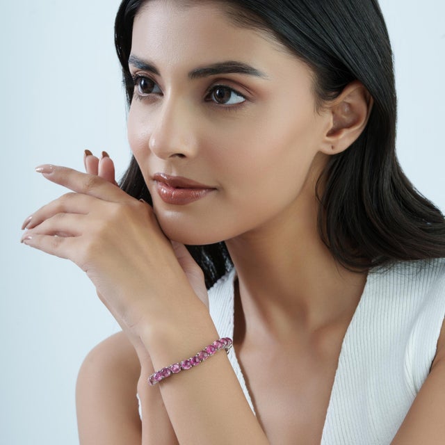 Pink Authentic 30.8 Carat Pink Tourmaline Rivière Tennis Bracelet in 925 Solid Silver For Sale - Image 8 of 13