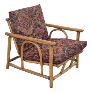 1960s Ficks Reed Style Pagoda Rattan Bamboo Lounge Chair Tapestry Covered Cushions For Sale