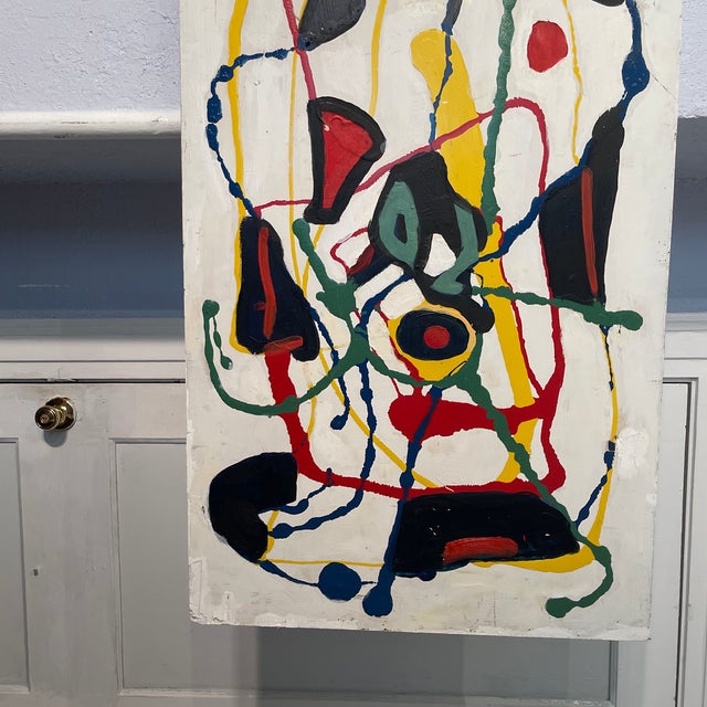 Nice artwork by artist John Frates, #1740, COA, mid century modern, sometimes mistaken for a Joan Miro, painted on wood