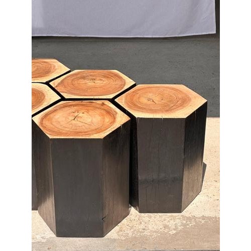 Hexagonal Stools in Two-Tone Suar, Set of 5 For Sale - Image 9 of 18