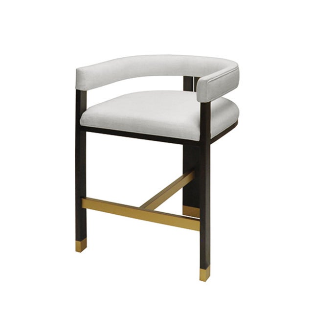 Worlds Away Matthew Izzo Home Cruise Espresso and White Linen Barrel Back Counter Stool With Brass Ferrele For Sale - Image 4 of 5