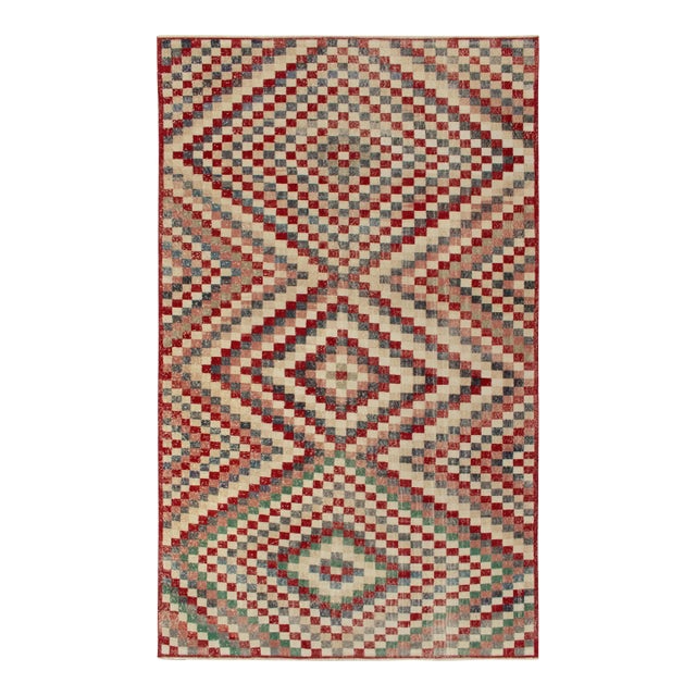 1960s Vintage Turkish Rug in Red, Beige and Pink Geometric Pattern, Distressed For Sale