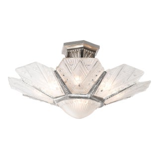 Art Deco Frosted Glass Cubist Geometric Detail & Fluted Chandelier Signed Leleu For Sale