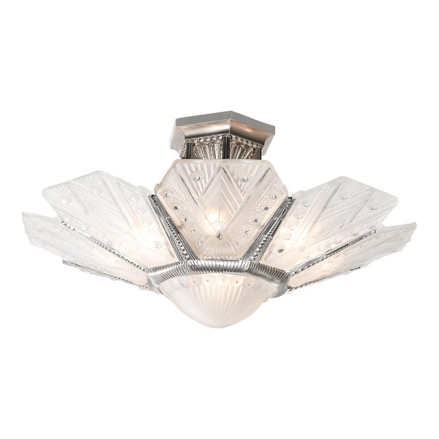 Art Deco Frosted Glass Cubist Geometric Detail & Fluted Chandelier Signed Leleu For Sale