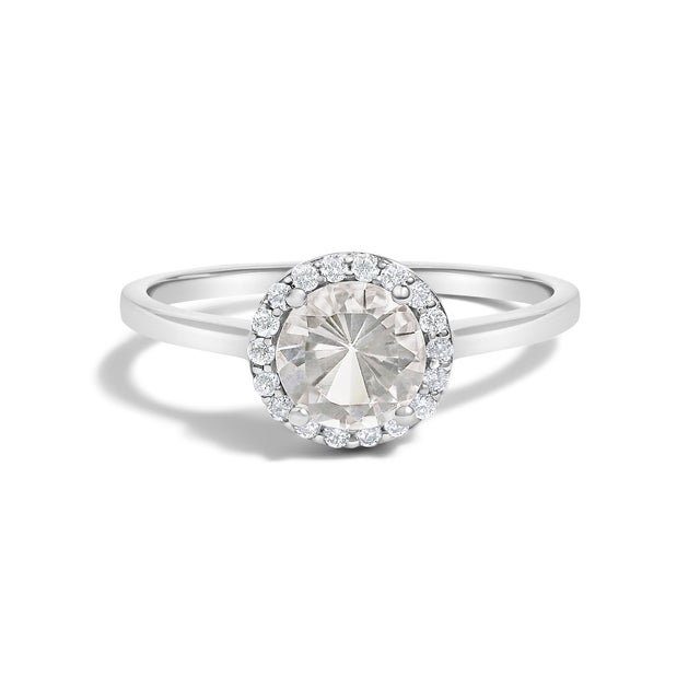 Contemporary 10K White Gold White Topaz and 3/8 Cttw Diamond Halo Jewelry Set (Earrings, Pendant & Ring) For Sale - Image 3 of 6