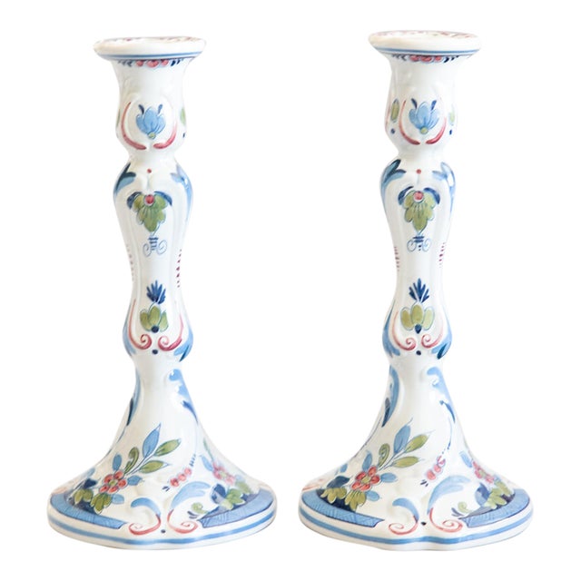 Vintage Tall Dutch Delft Faience Polychrome Floral Candlesticks - A Pair For Sale