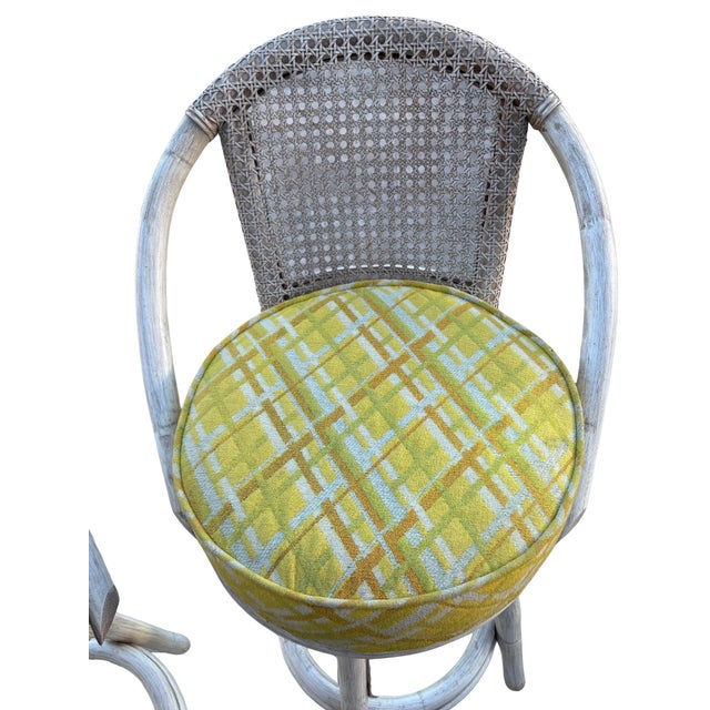 Wood Vintage Kalp-Son Rattan Swivel Bar Stools, Set of 3, Hollywood Regency Coastal Cane Backs For Sale - Image 7 of 11