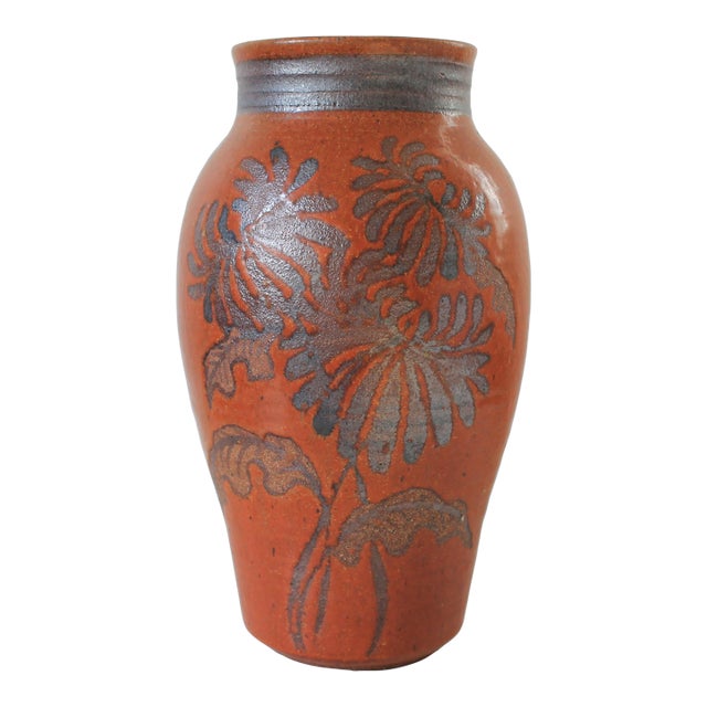 Vintage Studio Art Pottery Vase W/ Floral Motif For Sale