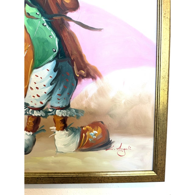 Paint Late 20th Century Oil Painting Clown Musician Signed L. Angeli Colorful Figurative Art Circus For Sale - Image 7 of 12