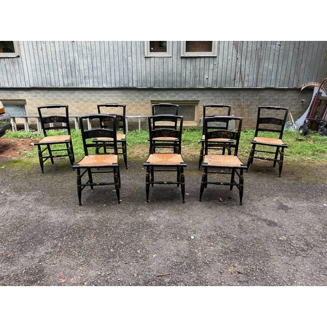 Mid 20th Century Set of 8 Hitchcock Style Black Painted Stenciled Dining Side Chairs With Rush Woven Seats For Sale - Image 12 of 15